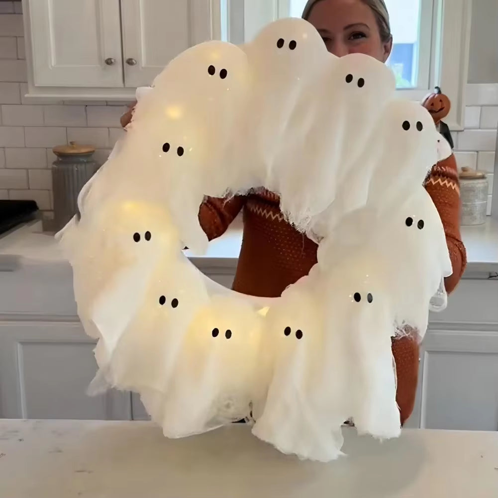 2025 LED Glowing Halloween Decoration - Light-Up Ghost Wreath for Outdoor Wall and Front Door Decor