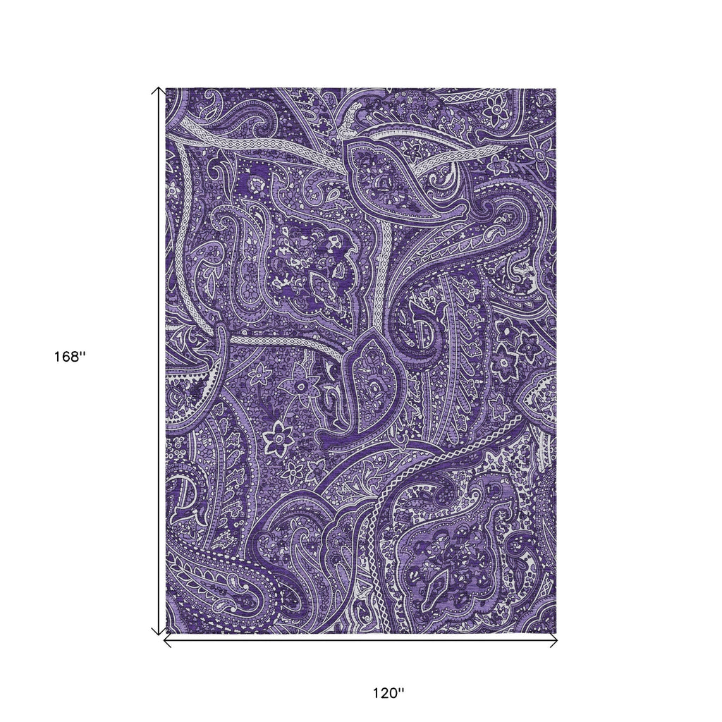 10' X 14' Purple Lavender And Silver Paisley Washable Indoor Outdoor Area Rug