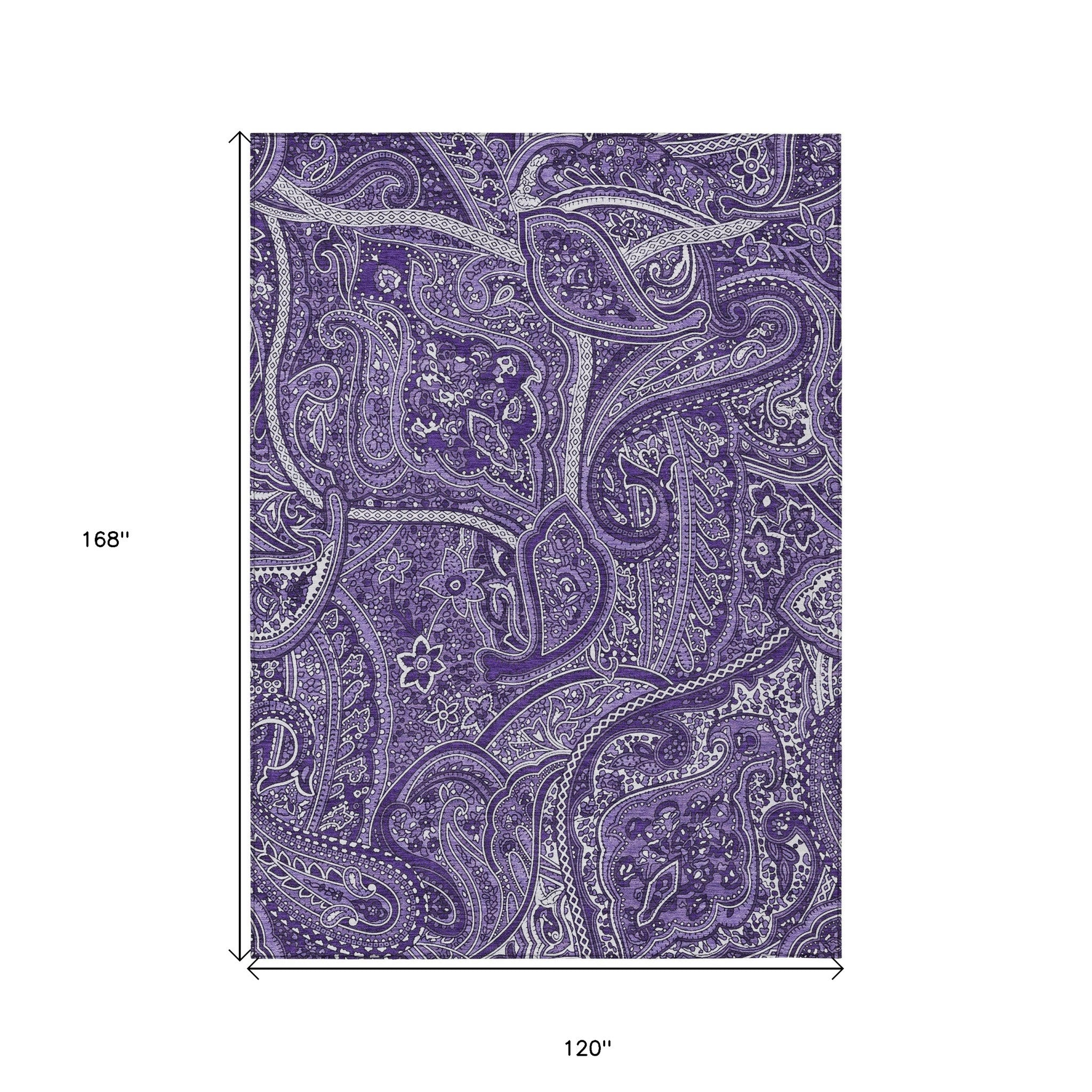 10' X 14' Purple Lavender And Silver Paisley Washable Indoor Outdoor Area Rug
