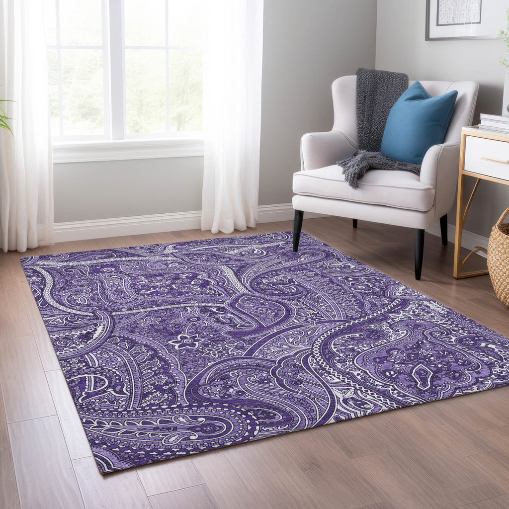 10' X 14' Purple Lavender And Silver Paisley Washable Indoor Outdoor Area Rug