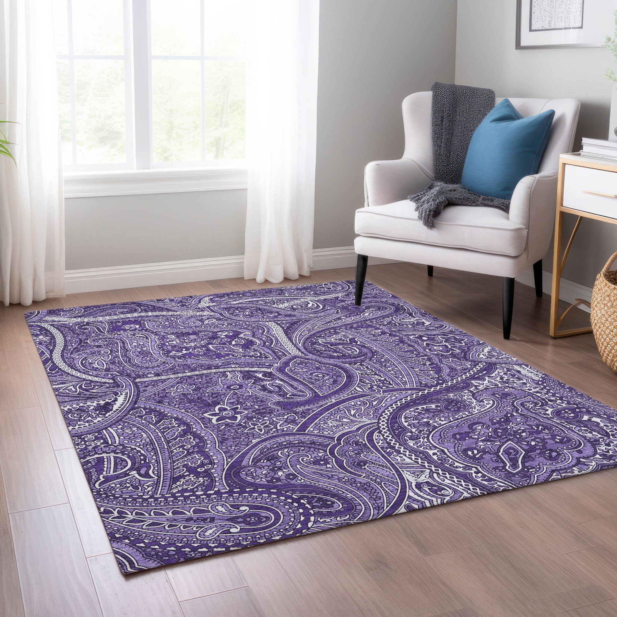 10' X 14' Purple Lavender And Silver Paisley Washable Indoor Outdoor Area Rug